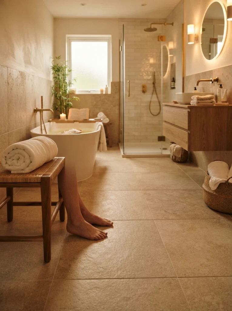 Radiant floor heating installed beneath tile in a spa-style bathroom, warm underfoot comfort, warm bathroom lighting, vertical Pinterest photography, warm heated-floor styling.