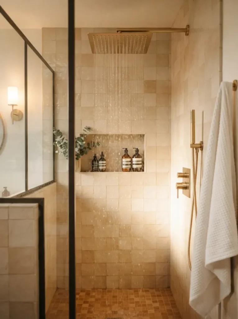 ![A wide rain showerhead installed in a bathroom shower, gentle multi-outlet water distribution, warm bathroom lighting, vertical Pinterest photography, warm rain-showerhead styling.]