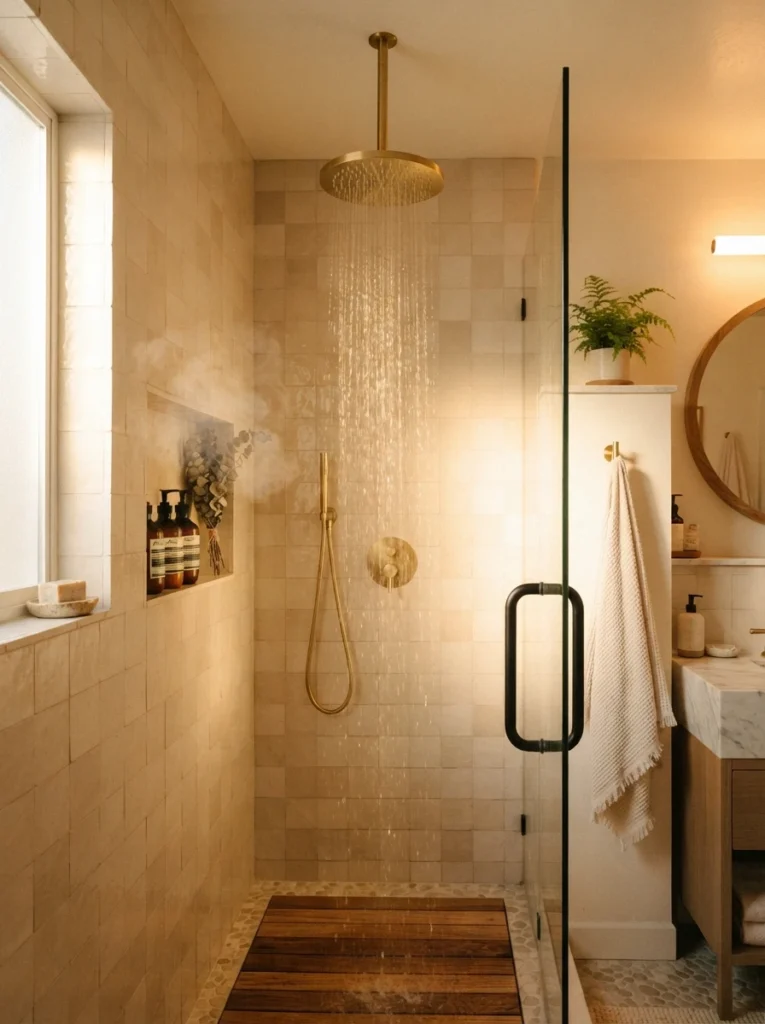 A rainfall showerhead installed in a small walk-in shower, adding a spa-like feel, warm bathroom lighting, vertical Pinterest photography, warm rainfall-shower styling.