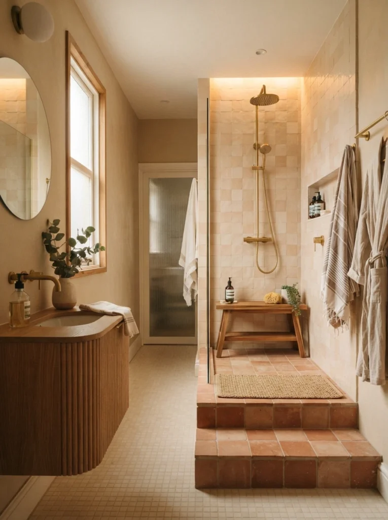 ![A subtly raised shower zone in a narrow bathroom, defined without a full enclosure, warm bathroom lighting, vertical Pinterest photography, warm raised-zone styling.]