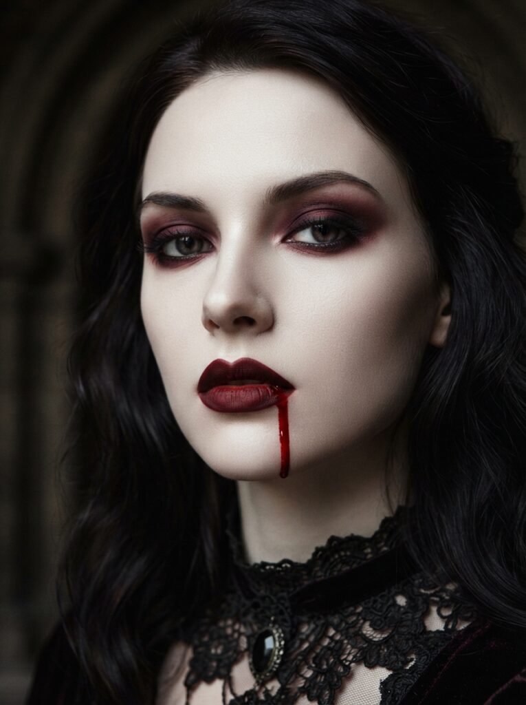![A close-up portrait featuring flawless pale skin and a deep matte burgundy lip, with a single glossy red drip trailing cleanly down the chin, moody high-contrast lighting, vertical Pinterest photography, editorial vampire makeup styling.]