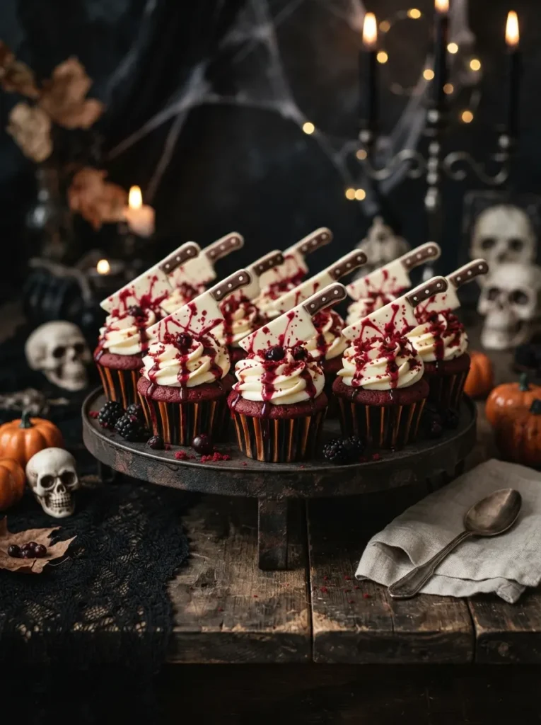Red velvet Halloween cupcakes with cream cheese frosting, dramatic red berry drizzle, white chocolate knife toppers, and dark dessert table styling, vertical Pinterest photography.