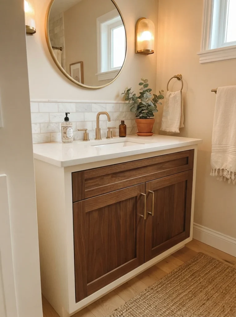 A refaced bathroom vanity with updated cabinet doors and new hardware, original cabinet box retained, warm bathroom lighting, vertical Pinterest photography, warm refaced-cabinet styling.