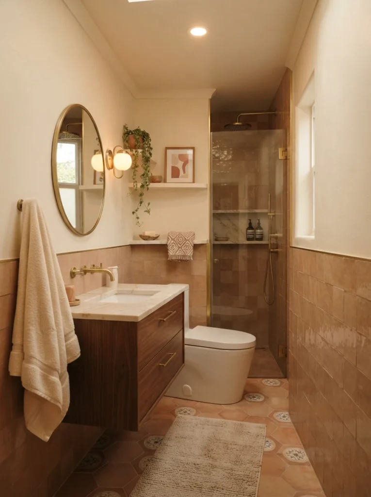 A small bathroom with a cohesive, intentional color palette across paint, tile, and hardware, replacing a mismatched dated scheme, warm bathroom lighting, vertical Pinterest photography, warm cohesive-palette styling.