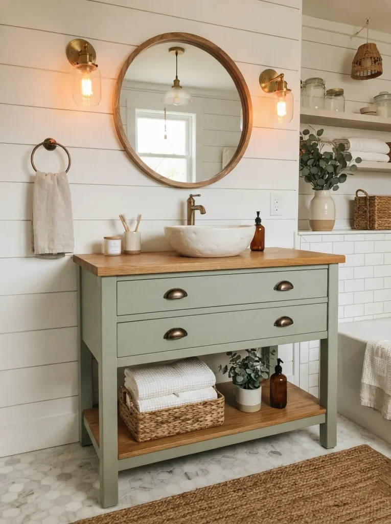 ![A vanity repainted in soft sage green in a farmhouse bathroom, paired with bronze hardware, warm bathroom lighting, vertical Pinterest photography, warm sage-green-vanity styling.]