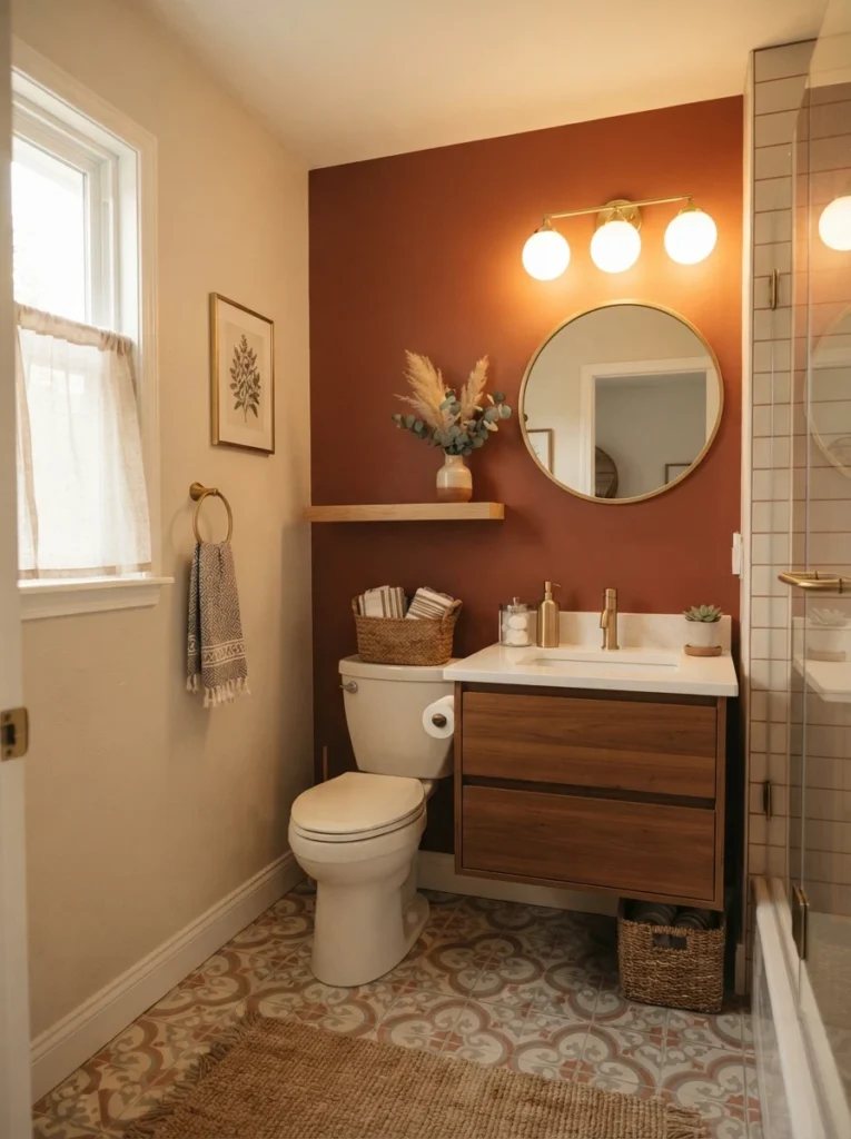 A small bathroom repainted in a warm neutral tone with one bold accent wall, replacing flat builder-white walls, warm bathroom lighting, vertical Pinterest photography, warm accent-wall-refresh styling.
