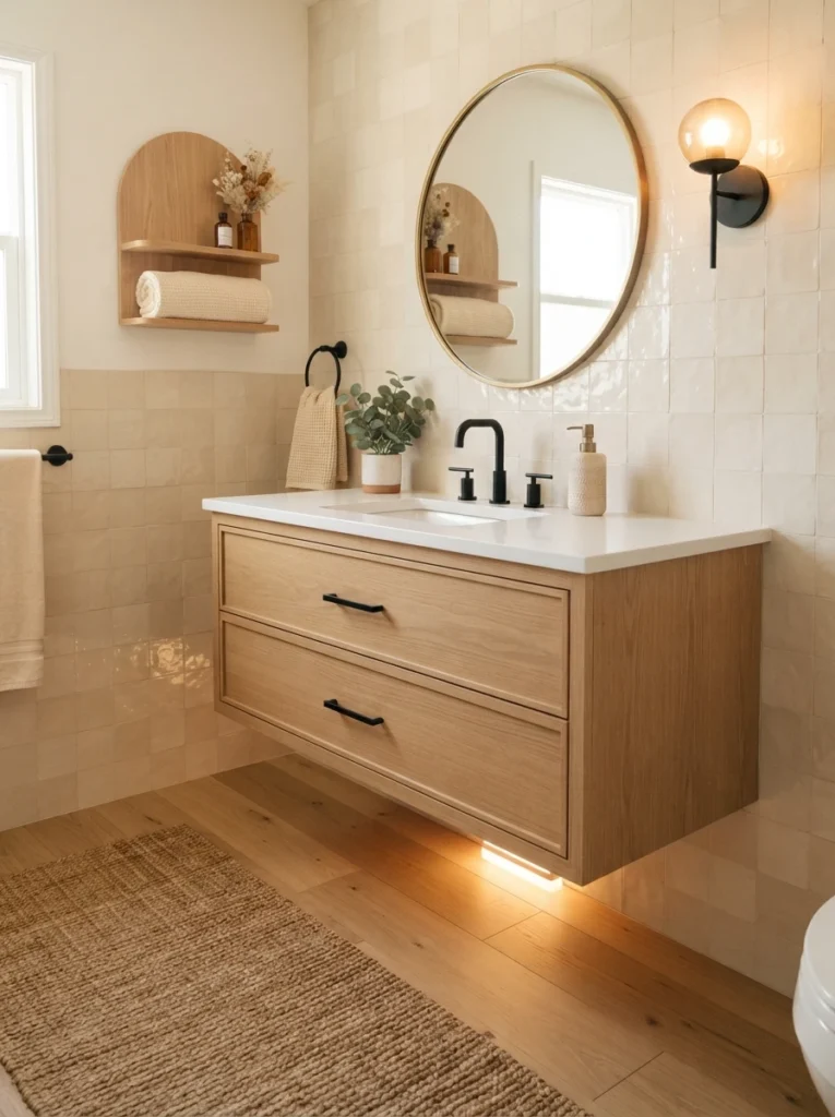 A comfort-height floating vanity replacing a dated low vanity, floor visible beneath, warm bathroom lighting, vertical Pinterest photography, warm floating-vanity styling.
