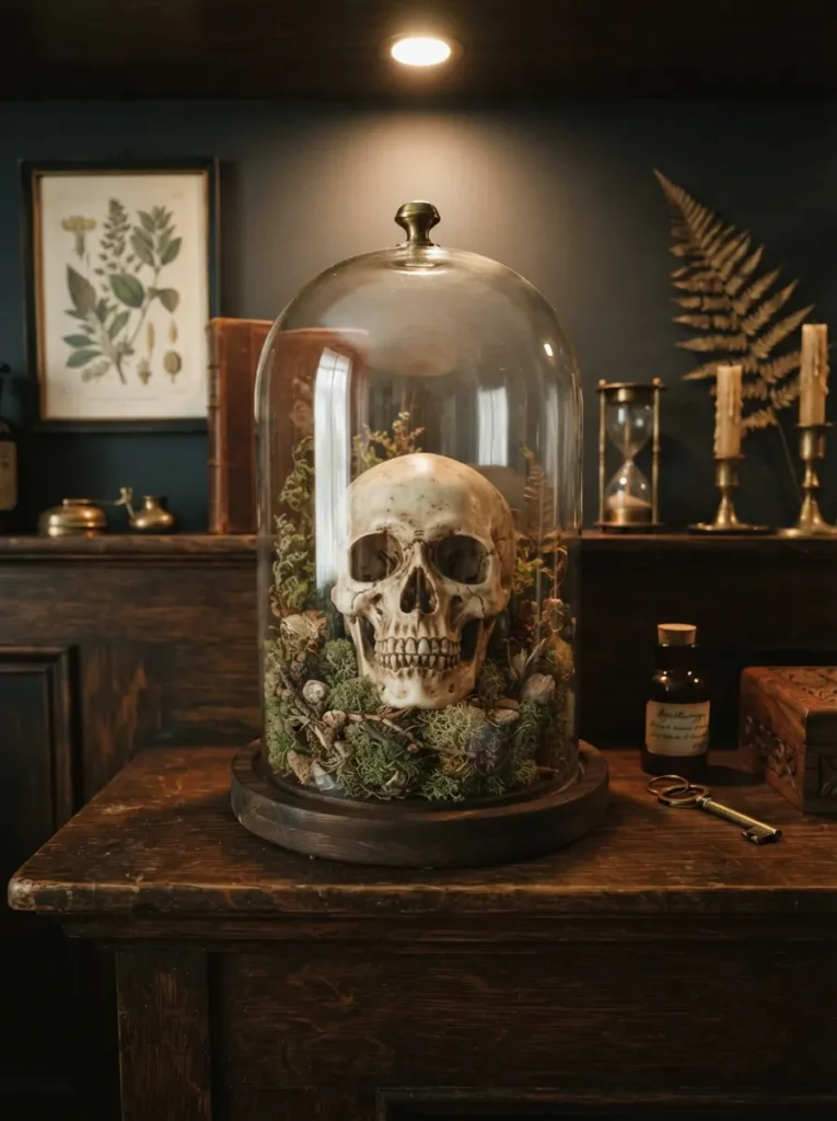 ![A realistic resin human skull and dried moss displayed beautifully under a tall glass cloche on a dark wood mantel, museum-quality aesthetic, warm spotlighting, vertical Pinterest photography, cabinet of curiosities styling.]