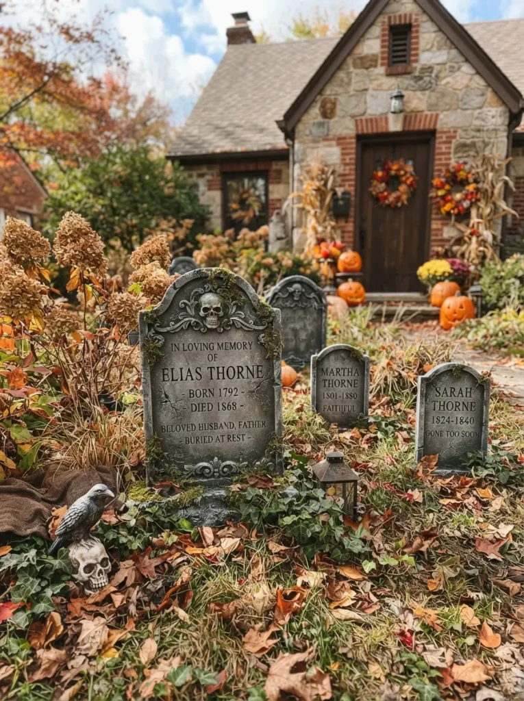 ![Heavy, realistic matte resin tombstones arranged in a front yard, mimicking weathered historical stone, crisp autumn daylight, vertical Pinterest photography, realistic graveyard styling.]