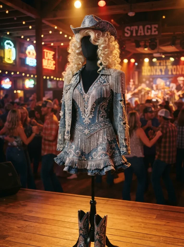 ![Dolly Parton inspired Halloween costume, woman with huge blonde hair wearing a sparkling rhinestone country outfit with fringe, denim details and glamorous accessories, colorful country music party setting, warm stage lighting, realistic fashion photography, vertical Pinterest composition, no text.]