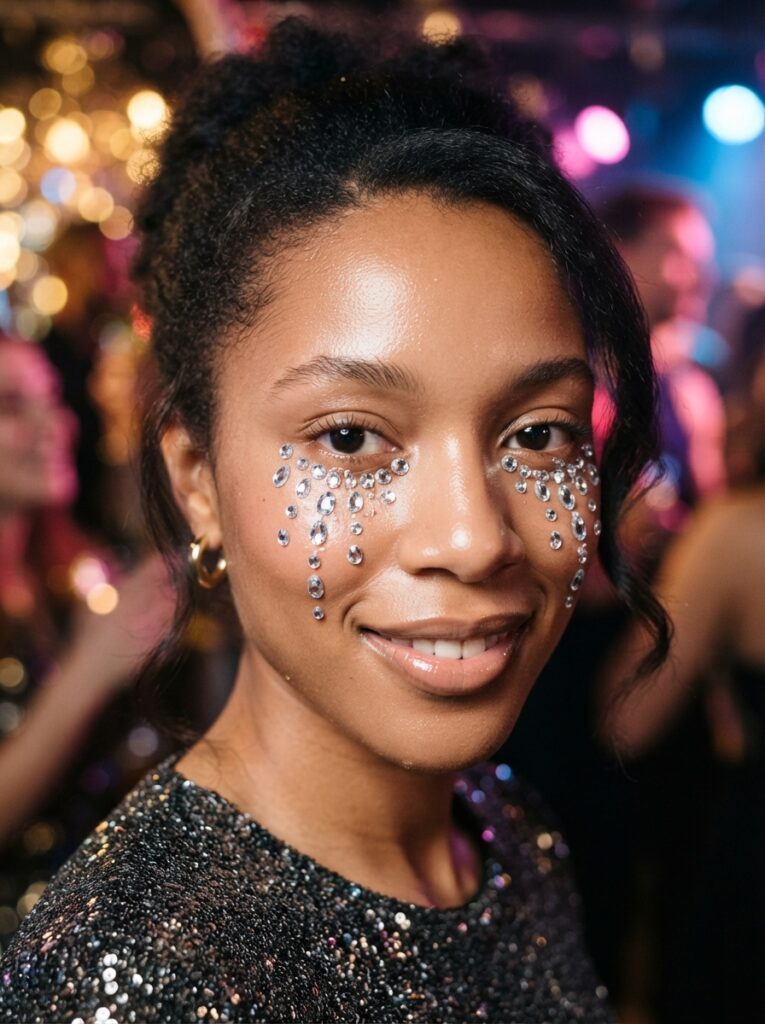 ![A close-up of a face with no heavy eye makeup, instead featuring dozens of sparkling clear rhinestones glued under the eyes trailing down the cheeks like tears, catching bright party lights, vertical Pinterest photography, high-glamour rhinestone styling.]