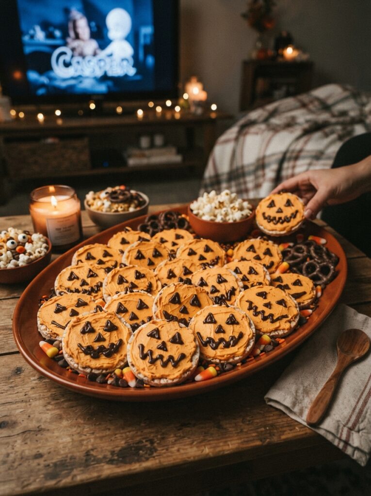 ![Round rice cakes decorated as Halloween jack-o’-lanterns with orange spread and dark chocolate facial details, arranged on a party platter for movie night, vertical Pinterest photography.]
