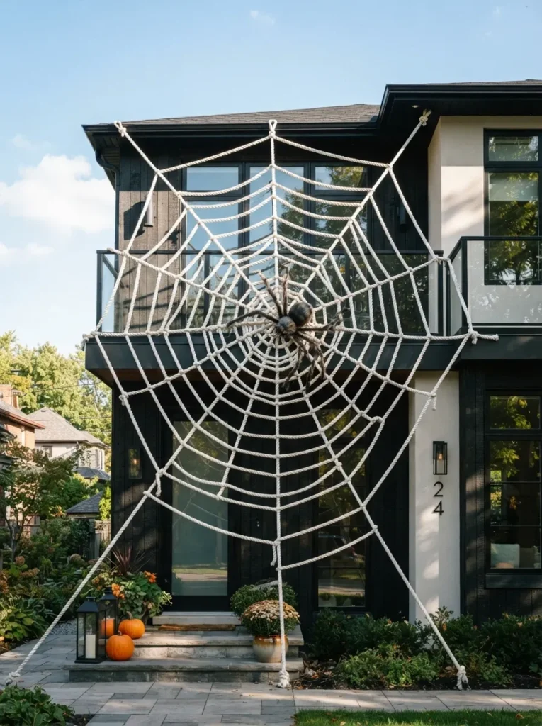 ![A massive geometric spider web made of thick white rope stretched across a house exterior, striking architectural statement, bright afternoon sunlight, vertical Pinterest photography, modern structural Halloween styling.]