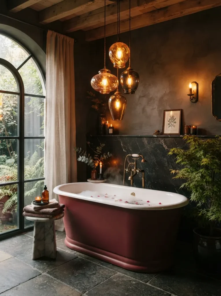 ![A deep rose freestanding tub beneath glass pendant lighting, dramatic sanctuary feel, warm bathroom lighting, vertical Pinterest photography, warm deep-rose-tub styling.]