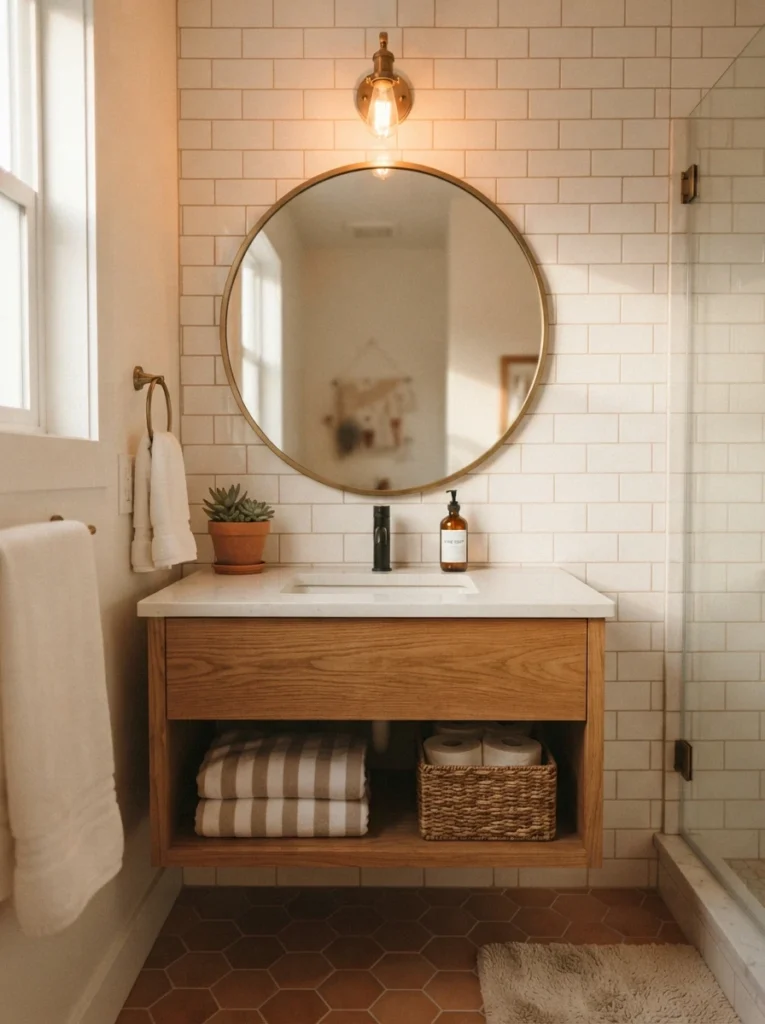 A round mirror above a bathroom vanity, softening the boxy angles of a small bathroom, warm bathroom lighting, vertical Pinterest photography, warm round-mirror styling.