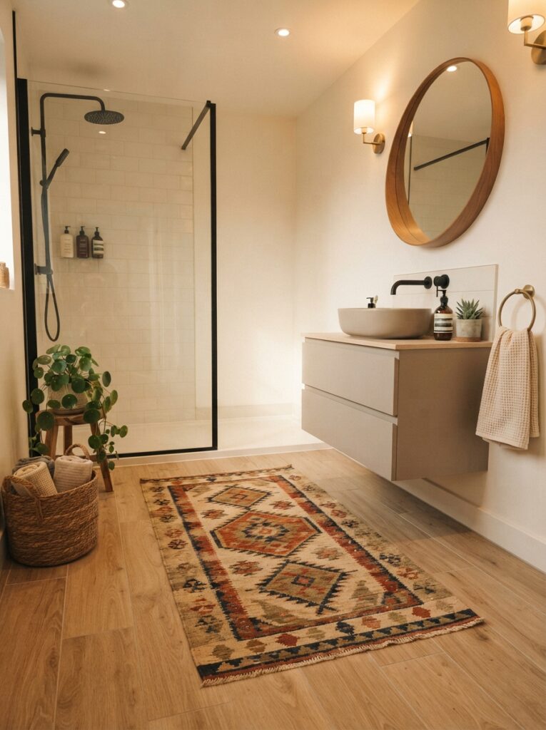 ![A moisture-resistant decorative rug in a modern bathroom, adding warmth and pattern, warm bathroom lighting, vertical Pinterest photography, warm decorative-rug styling.]