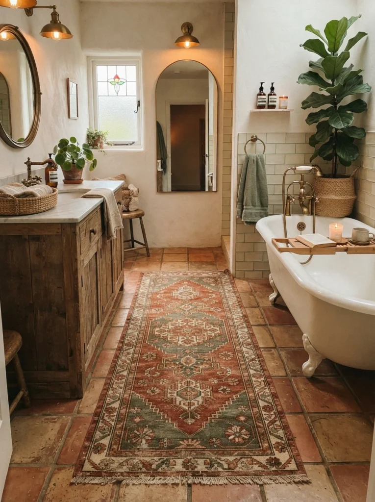 A vintage-style patterned runner rug in a boho bathroom, warm rust and sage tones, warm bathroom lighting, vertical Pinterest photography, warm vintage-runner styling.