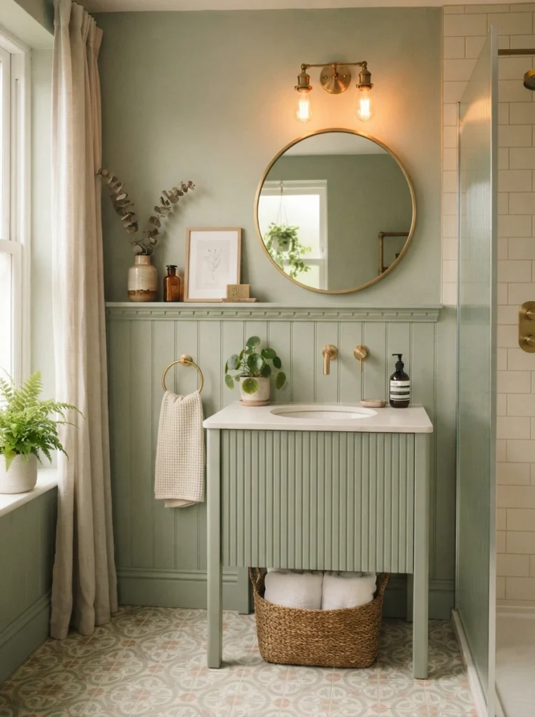 A sage green bathroom, soft and airy, functioning like a neutral palette, warm bathroom lighting, vertical Pinterest photography, warm sage-green styling.