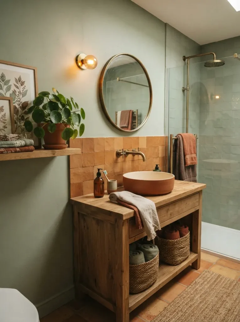 ![Sage green layered as a secondary earth tone alongside brown and terracotta in a bathroom, warm bathroom lighting, vertical Pinterest photography, warm secondary-earth-tone styling.]
