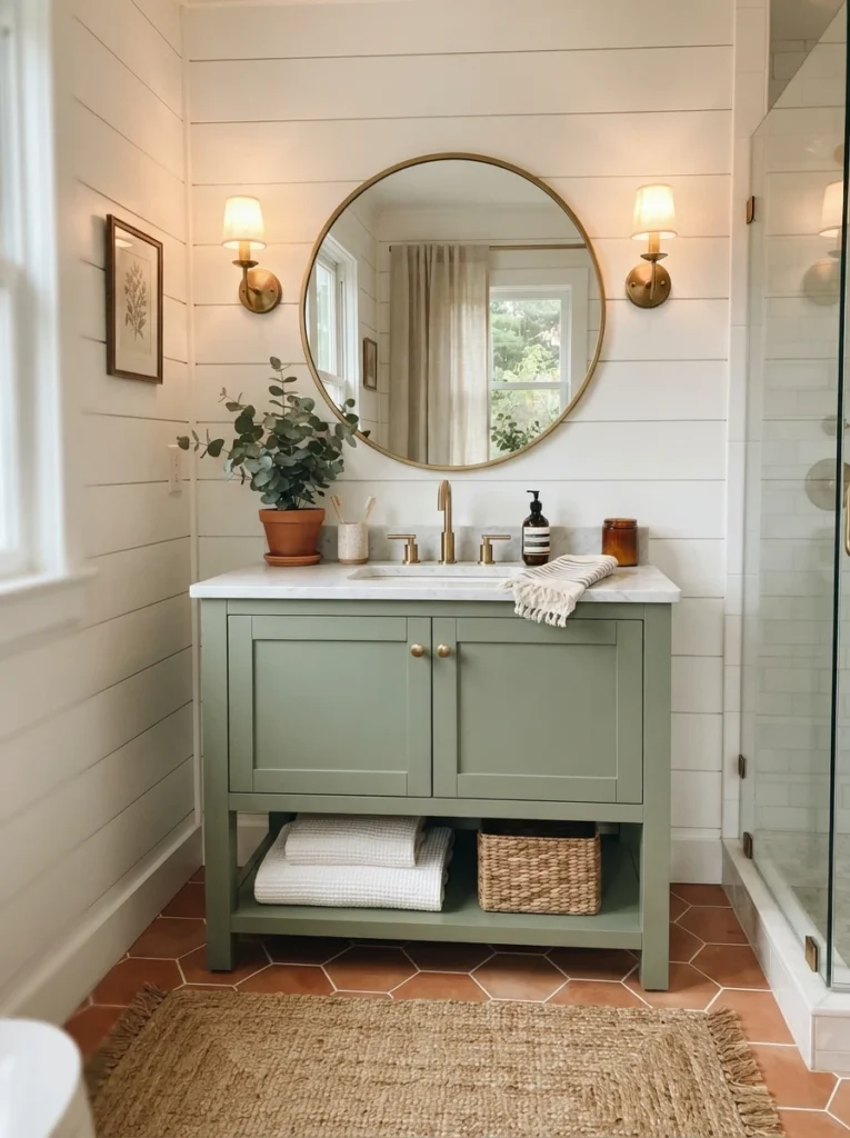A sage green vanity under white bathroom walls, color contained to one piece of furniture, warm bathroom lighting, vertical Pinterest photography, warm vanity-color styling.
