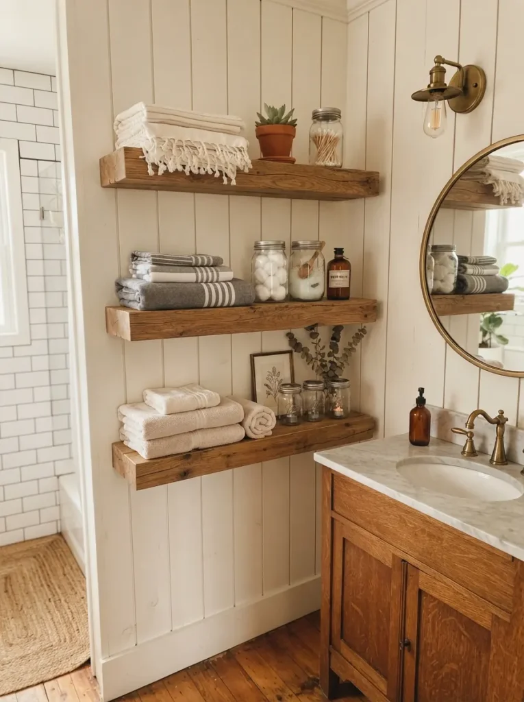 ![Open timber floating shelves in a farmhouse bathroom, holding folded towels and mason jars, warm bathroom lighting, vertical Pinterest photography, warm timber-shelf styling.]