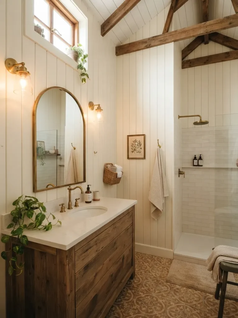 ![Vertically installed shiplap walls in a farmhouse bathroom, drawing the eye upward, warm bathroom lighting, vertical Pinterest photography, warm vertical-shiplap styling.]