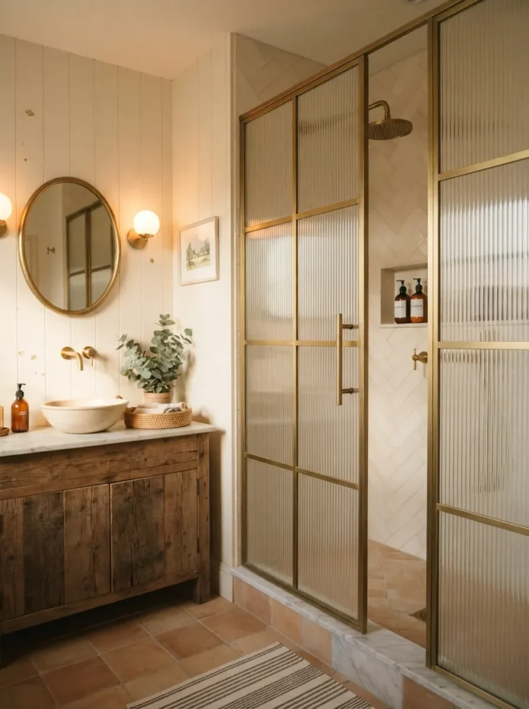 ![Fluted ribbed glass shower doors in a farmhouse bathroom, paired with warm brass hardware, warm bathroom lighting, vertical Pinterest photography, warm fluted-glass styling.]