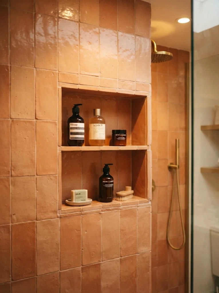 A recessed shower niche built into the wall, holding toiletries flush with the tile, warm bathroom lighting, vertical Pinterest photography, warm built-in-niche styling.