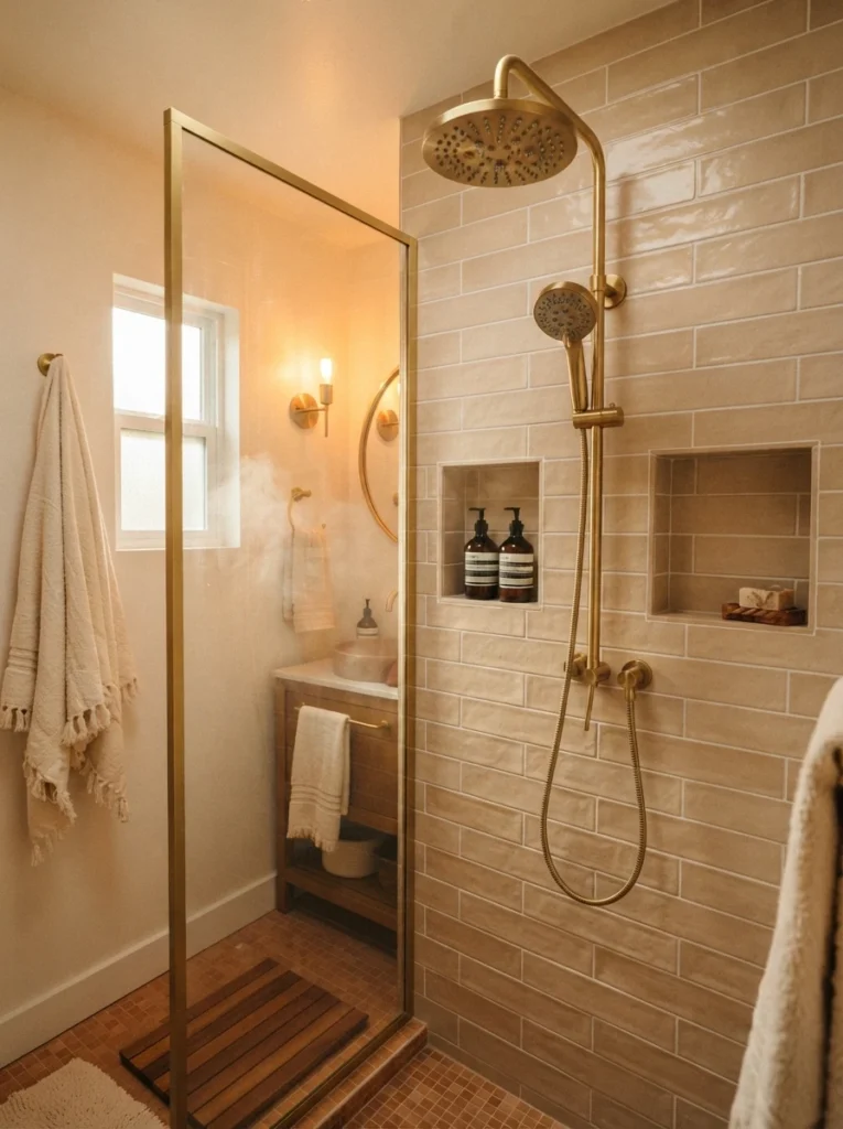 A multi-function showerhead with a detachable hand shower attachment in a small bathroom, warm bathroom lighting, vertical Pinterest photography, warm multi-function-showerhead styling.