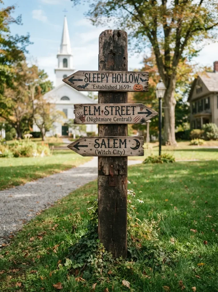 ![A tall, weathered wooden directional signpost on a lawn, featuring arrows pointing to 'Sleepy Hollow' and 'Elm Street', rustic and playful, bright daylight, vertical Pinterest photography, rustic horror sign styling.]