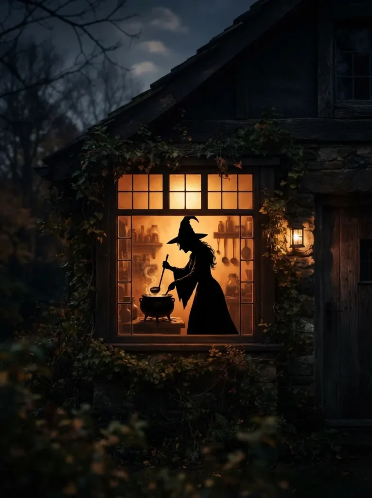 ![A glowing front house window at night revealing a stark, sharp black silhouette of a witch stirring a cauldron, backlit by a warm amber indoor lamp, spooky evening atmosphere, vertical Pinterest photography, cinematic shadow-play styling.]