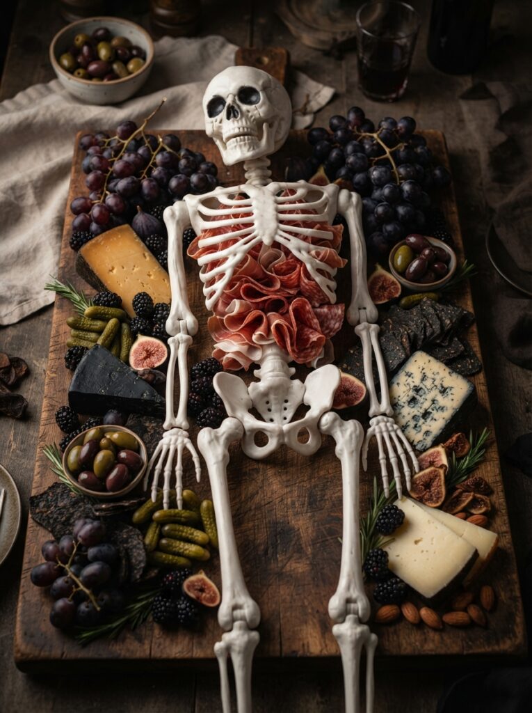 ![A large wooden grazing board featuring a clean plastic skeleton, its ribcage filled with folded prosciutto and salami, surrounded by dark cheeses and purple grapes, moody lighting, vertical Pinterest photography, epic skeleton charcuterie styling.]