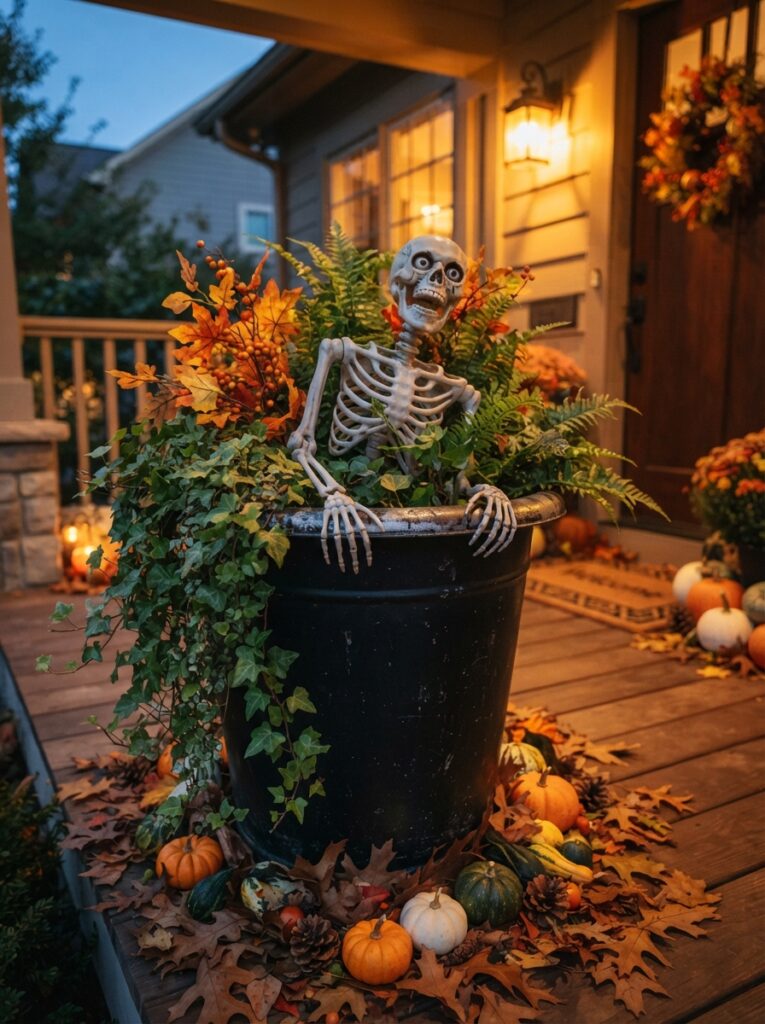 ![A playful Halloween porch decoration featuring a small plastic skeleton appearing to climb out of a large black planter overflowing with green trailing plants and autumn foliage, skeleton hands gripping the rim, small pumpkins and fallen leaves surrounding the planter, warm evening porch lighting, humorous spooky atmosphere, realistic photography, vertical Pinterest composition, no text.]