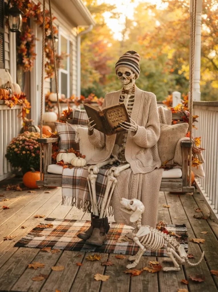 ![A life-size posable skeleton sitting casually on a wooden porch swing, reading a vintage book with a small skeleton dog at its feet, warm afternoon autumn sunlight, vertical Pinterest photography, playful and charming Halloween styling.]