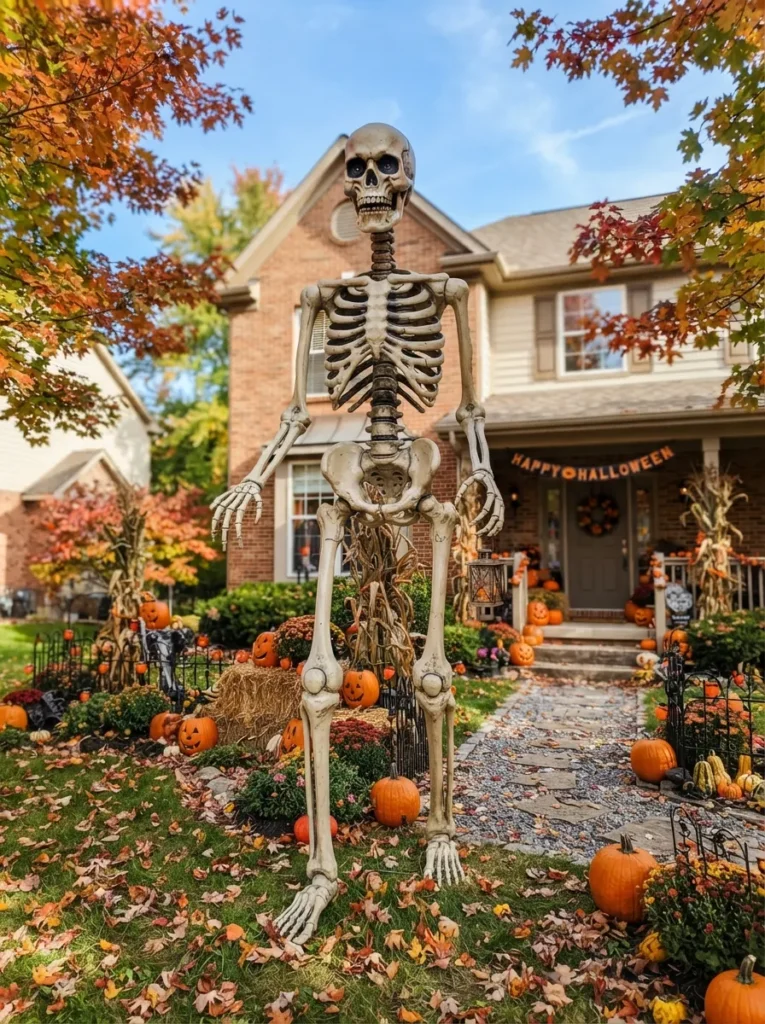 ![A towering 12-foot posable skeleton standing in a front yard, matte bone texture looking highly sculptural, crisp autumn daylight, vertical Pinterest photography, oversized yard art styling.]