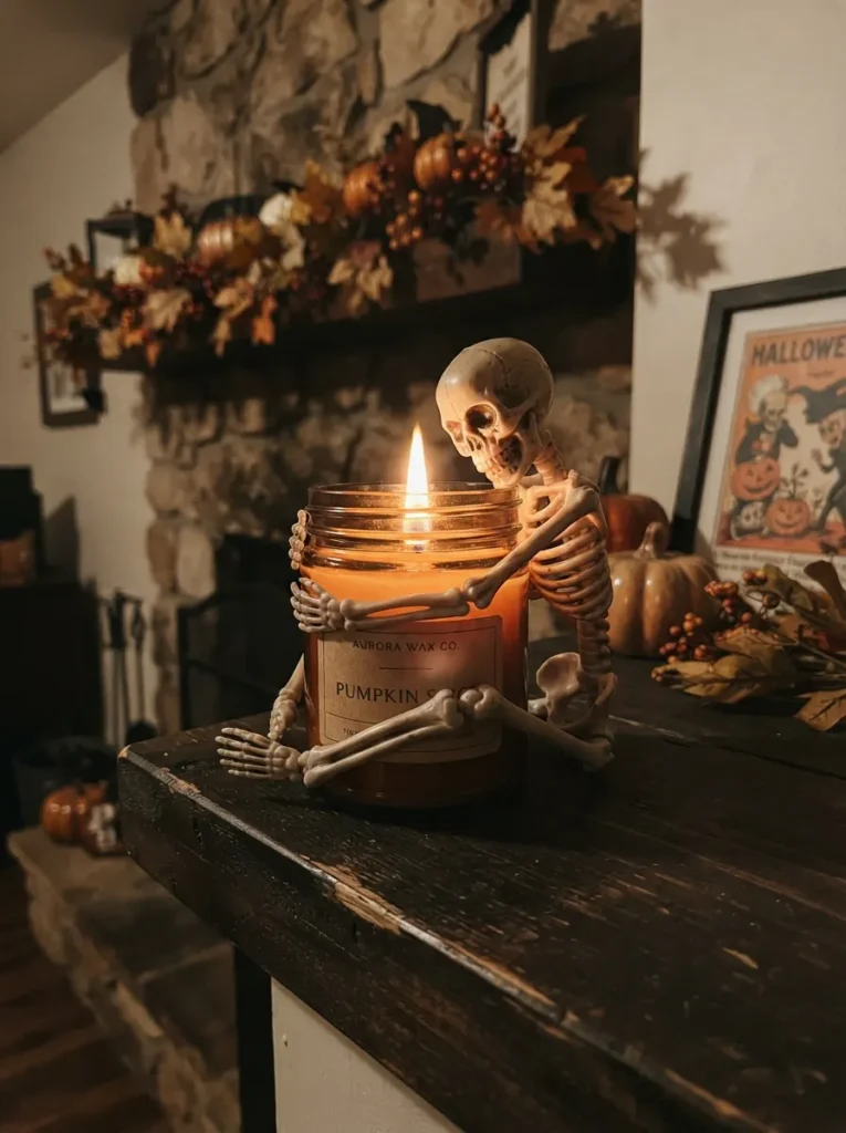 ![Plastic skeleton wrapping around a glowing jar candle on a dark mantel, warm flickering light, vertical Pinterest photography, skeleton-candle-holder styling.]