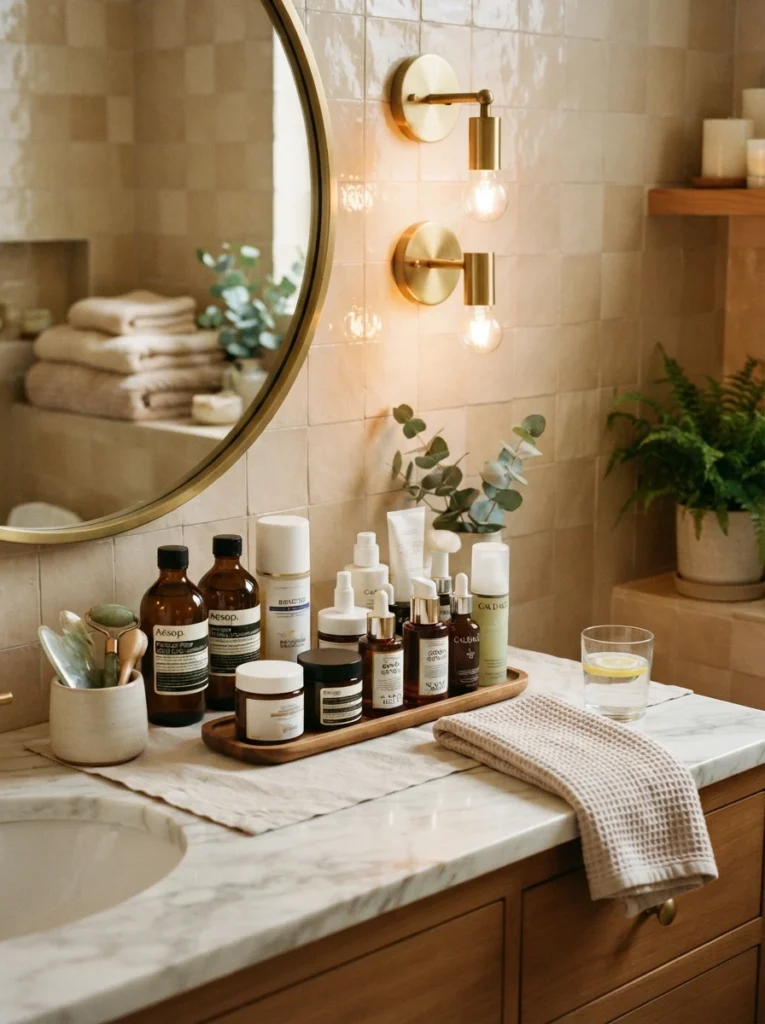 A dedicated skincare station in a spa-style bathroom, organized products under good task lighting, warm bathroom lighting, vertical Pinterest photography, warm grooming-station styling.
