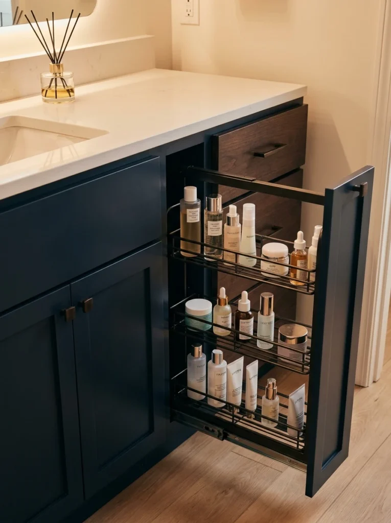 A slim pullout tower beside a bathroom vanity, extended to show organized skincare products, warm bathroom lighting, vertical Pinterest photography, warm pullout-tower styling.