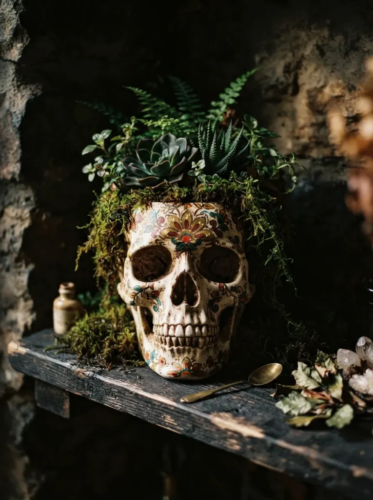 ![Painted plastic skull used as a planter filled with dark moss and a small plant, moody side lighting, vertical Pinterest photography, skull-planter-bowl styling.]