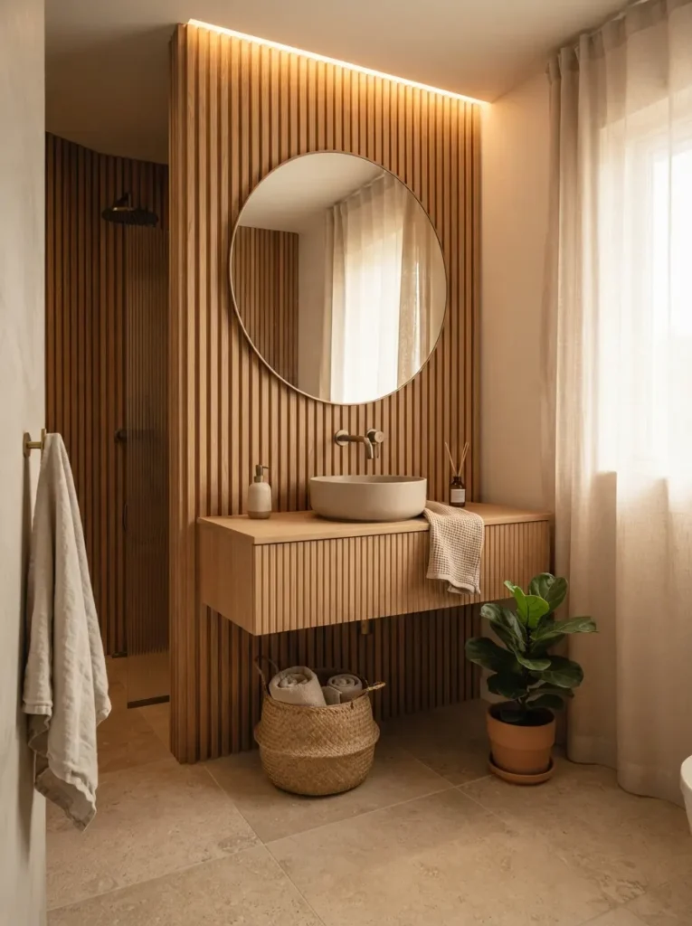 A Japandi bathroom in warm neutral tones, beige and soft gray throughout, warm bathroom lighting, vertical Pinterest photography, warm neutral-palette styling.