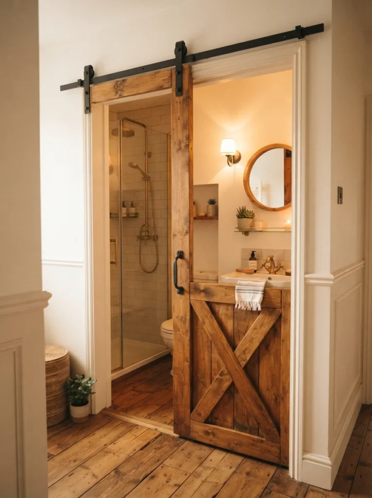A sliding barn-style door on a small bathroom, floor space reclaimed from the swing radius of a standard door, warm bathroom lighting, vertical Pinterest photography, warm sliding-door styling.
