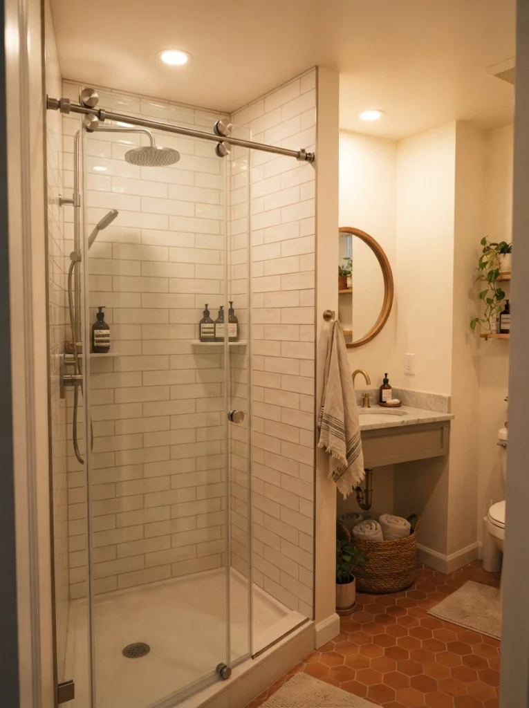A sliding glass shower door in a small bathroom, saving floor space compared to a hinged door, warm bathroom lighting, vertical Pinterest photography, warm sliding-door styling.