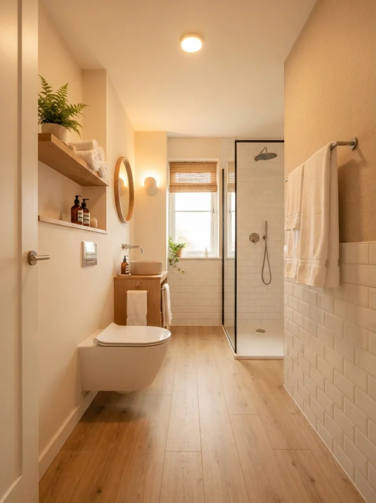 A small bathroom with a clear, unobstructed walkway from the door to the far wall, warm bathroom lighting, vertical Pinterest photography, warm clear-path styling.