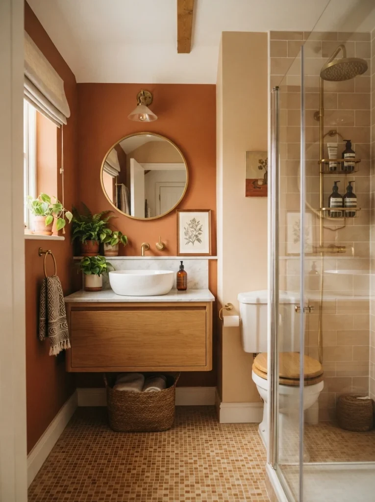 A small bathroom with the vanity positioned on a wall opposite the shower and toilet, warm bathroom lighting, vertical Pinterest photography, warm opposite-wall styling.