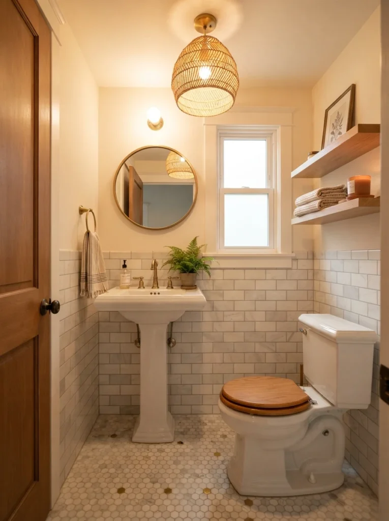 A small bathroom remodel keeping the toilet and sink in their original layout, plumbing untouched, warm bathroom lighting, vertical Pinterest photography, warm layout-locked styling.