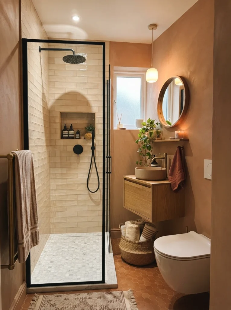 A shower-only three-quarter bathroom layout in a tight small bathroom footprint, warm bathroom lighting, vertical Pinterest photography, warm shower-only styling.