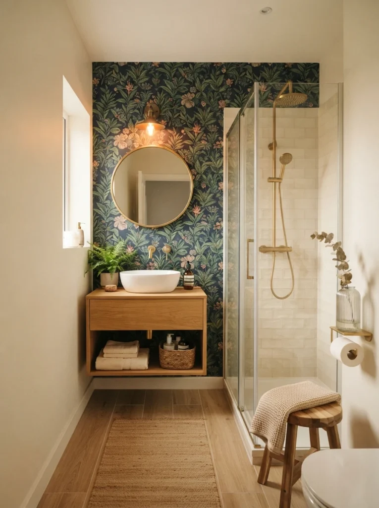 A small bathroom with one bold statement wall and otherwise neutral, clean surfaces throughout, warm bathroom lighting, vertical Pinterest photography, warm single-statement styling.