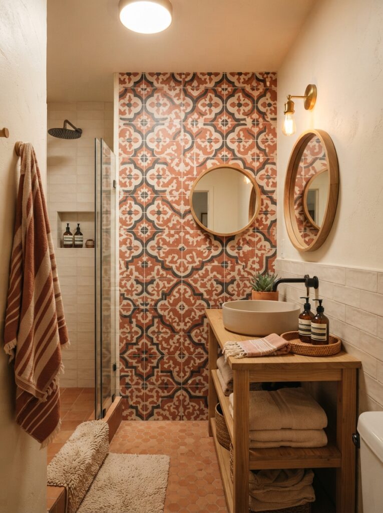![A small bathroom with one bold patterned accent wall and otherwise neutral surfaces, warm bathroom lighting, vertical Pinterest photography, warm single-accent styling.]
