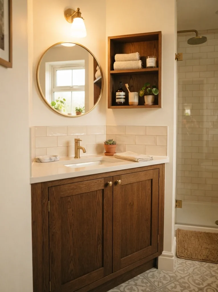 A small bathroom with closed cabinet storage and one curated open shelf, replacing cluttered open shelving, warm bathroom lighting, vertical Pinterest photography, warm curated-storage styling.