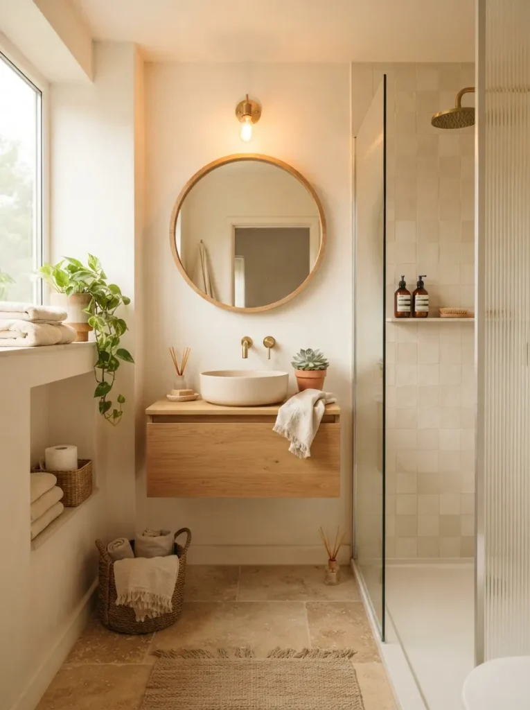 ![A small bathroom in light earth tones, cream and sand shades keeping the space feeling open, warm bathroom lighting, vertical Pinterest photography, warm light-earth-tone styling.]